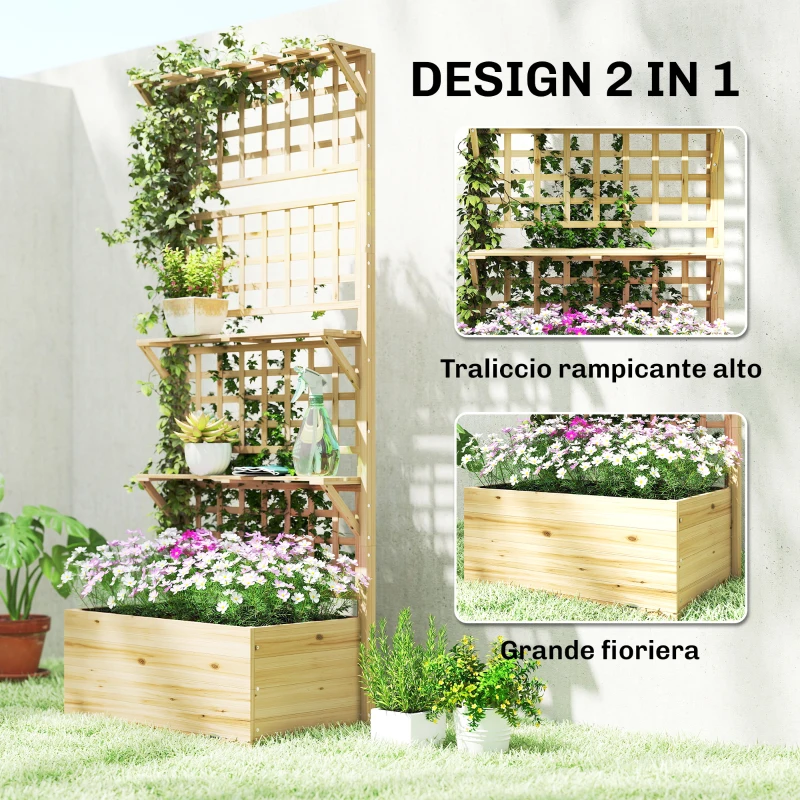 Outsunny Fioriera Rialzata in Legno con Traliccio, Tetto e 2 Mensole, 76x43.5x177 cm, Legno Naturale