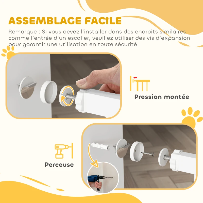 PawHut Barrière de sécurité animaux avec porte fermeture automatique système de double verrouillage, acier blanc