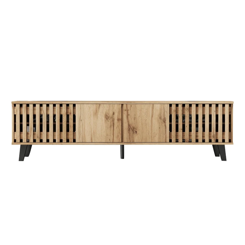 Modern Vintage TV Stand with Sturdy Five-Legged Support, Spacious Unit with 4 Openwork Doors and 9 Shelves, 180L x 40W x 55H cm, Wood