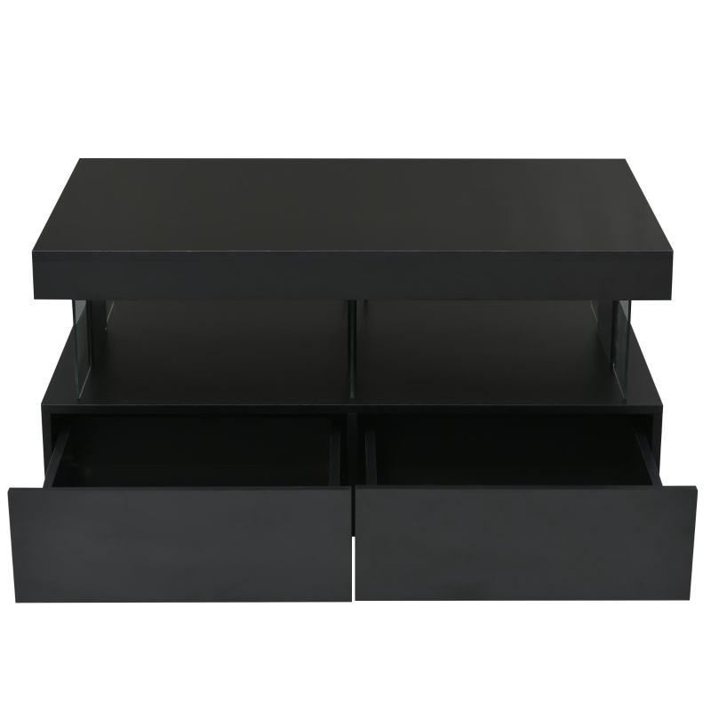 Stylish Coffee Table with 2 Drawers, Open Storage and LED Lights, Durable Center Table for Living Room, 100L x 60W x 49.5H cm, Black