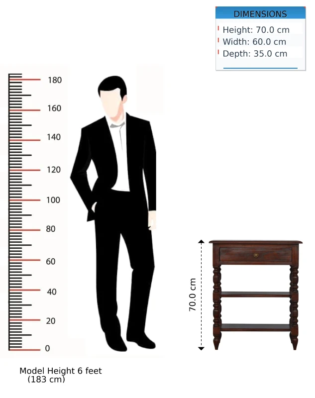 Handcrafted Solid Mango Wood Occasional Table with Turned Legs, Pre-assembled Unit with Drawer and Shelves, 60L x 35W x 70H cm, Brown