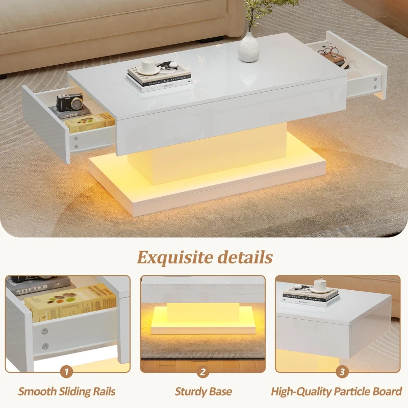 T-shaped Coffee Table with 2 Drawers and App-Controlled LED Strip, High-Gloss Centre Table for Living Room, 100L x 50W x 45H cm, White