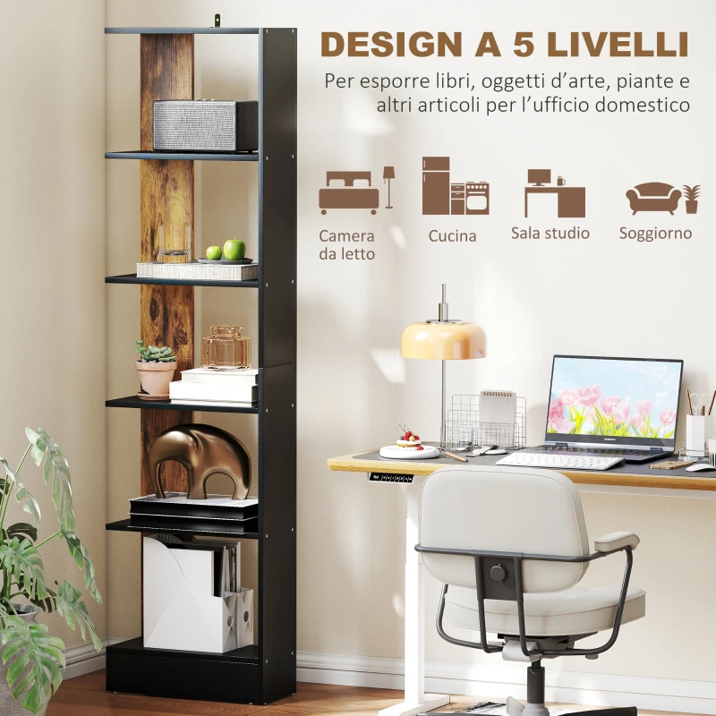 HOMCOM Libreria Moderna Salvaspazio a 5 Ripiani in Legno 45x21x170 cm, Marrone e Nero