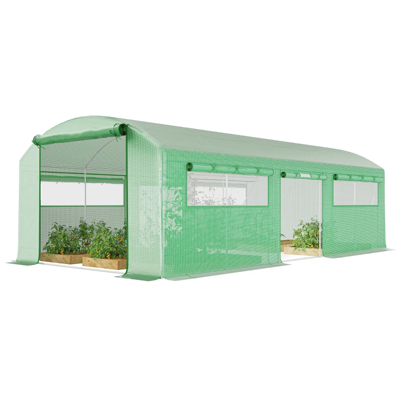 Outsunny Invernadero de Túnel 6x3x2 m con 3 Puertas Enrollables 6 Ventanas de Malla y Estructura de Acero Galvanizado Verde