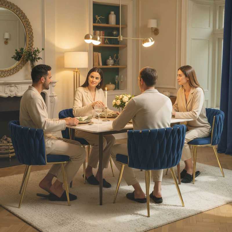 HOMCOM Velvet-Feel Dining Chairs Set of 2, Modern Upholstered Kitchen Chairs with Woven Backrest and Armrests, Metal Legs and Padded Seat for Dining Room, Bedroom, Living Room, Dark Blue