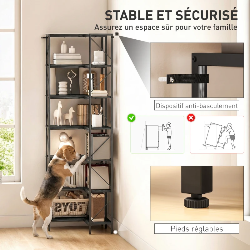 HOMCOM Bibliothèque d'angle à 7 niveaux industriel avec étagères de rangement, 60 x 60 x 198 cm, noir
