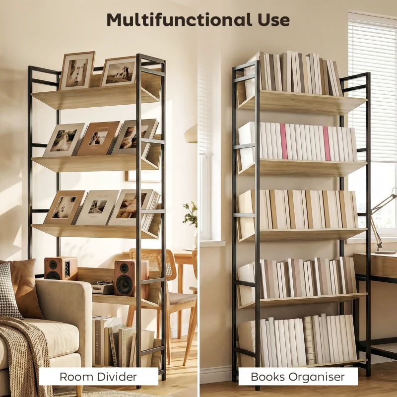 HOMCOM Bookshelf 5-Tier Metal Frame Room Divider Bookcase Storage Shelves for Living Room Oak