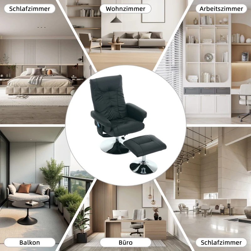 Fernsehsessel Heizbarer Massage-Sessel mit Liegefunktion, 360° drehbar PU-Stoff und Hocker Schwarz