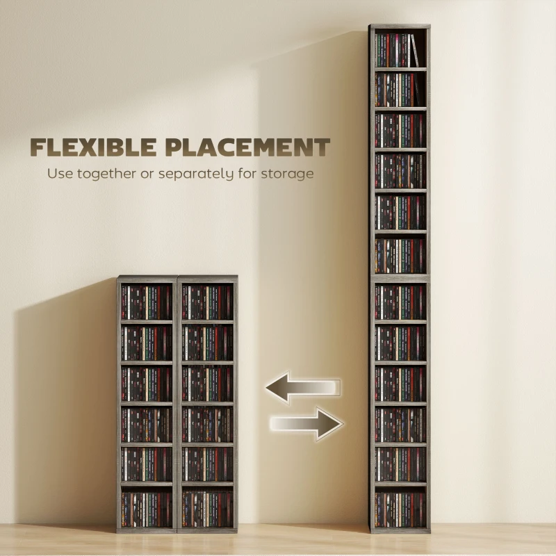 HOMCOM Set of 2 CD Media Display Shelf Unit Tower Rack with Adjustable Shelves, Distressed Grey