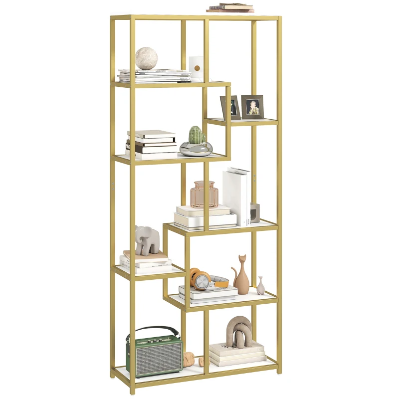 HOMCOM Seven-Tier Geometric Bookcase - White/Gold Tone