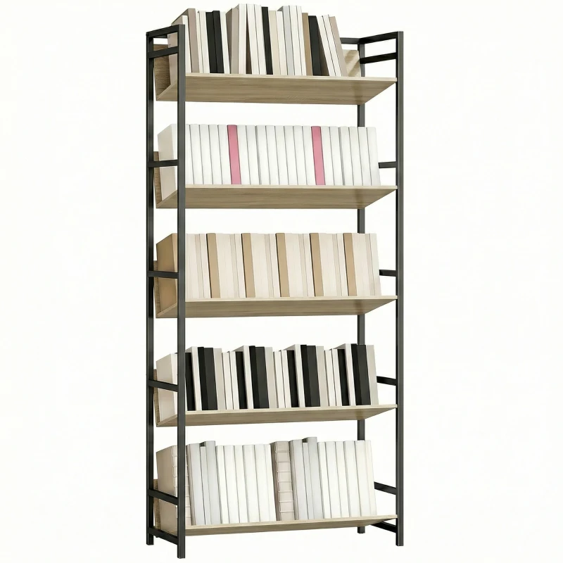 HOMCOM Bookshelf 5-Tier Metal Frame Room Divider Bookcase Storage Shelves for Living Room Oak