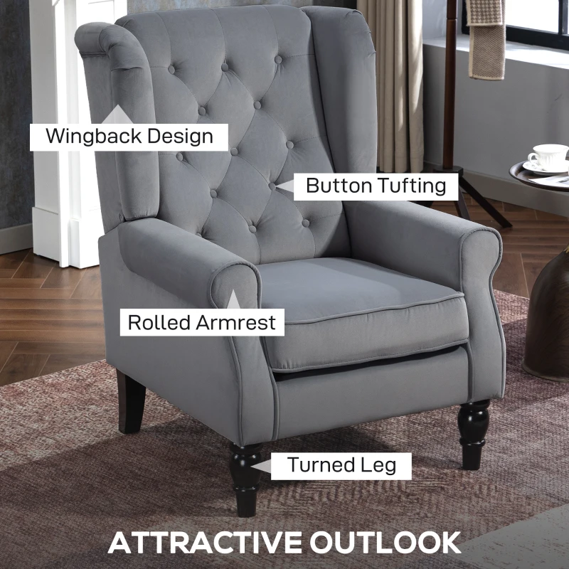 HOMCOM Wingback Accent Chair, Retro Upholstered Button Tufted Occasional Chair for Living Room and Bedroom, Light Grey