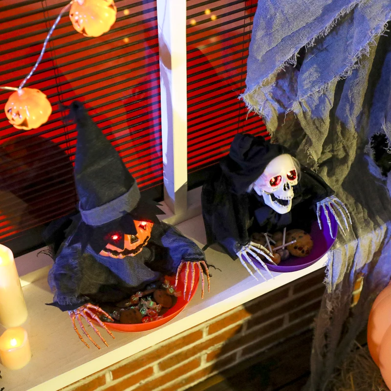 Outsunny 2pcs Animated Halloween Skull Bowl, Skeleton Ghost Skull Candy Dish with LED Eyes, Moving Body and Creepy Sound for Party Decoration, Festival Haunted Houses