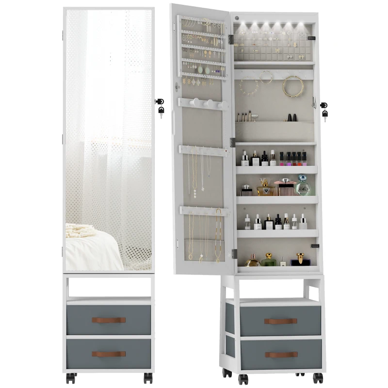 HOMCOM Espejo Joyero con Luces LED Interior Ruedas Giratorio de 360° Estantes Abiertos Cajones de Tela Blanco