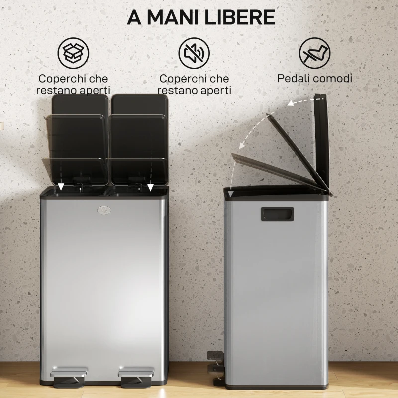 HOMCOM Pattumiera Differenziata Cestino Spazzatura 2 Scomparti 28L Argento