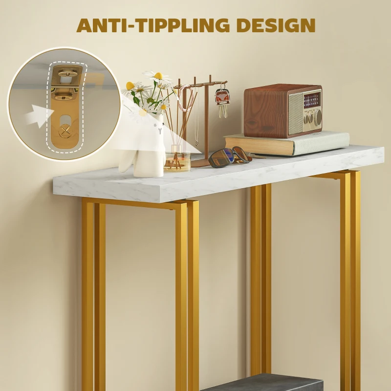 HOMCOM 100 cm Console Table with Faux Marble Top, Narrow Entryway Table with Anti-tipping Device, White