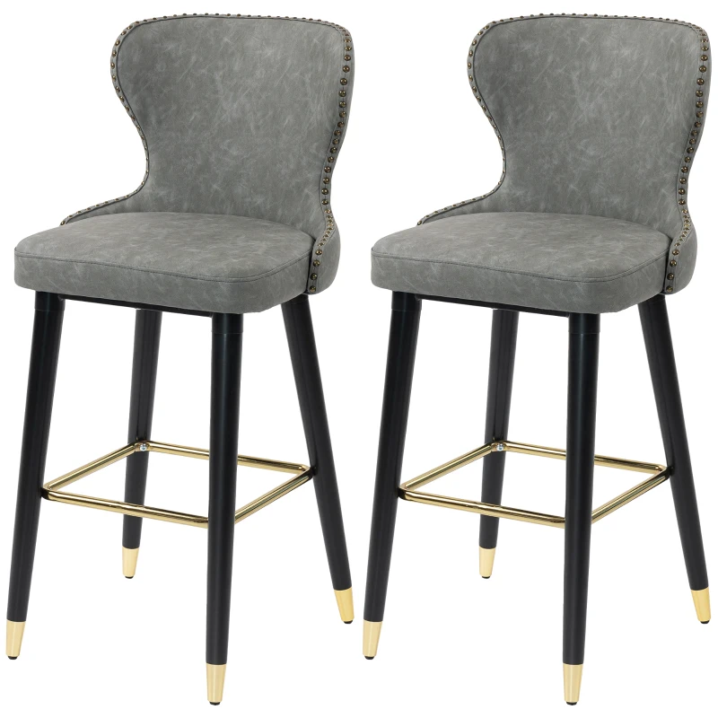 HOMCOM Bar Stools Set of 2, PU Leather Barstools with Back, Footrest and Wood Legs for Kitchen, Counter, Breakfast Bar, Grey