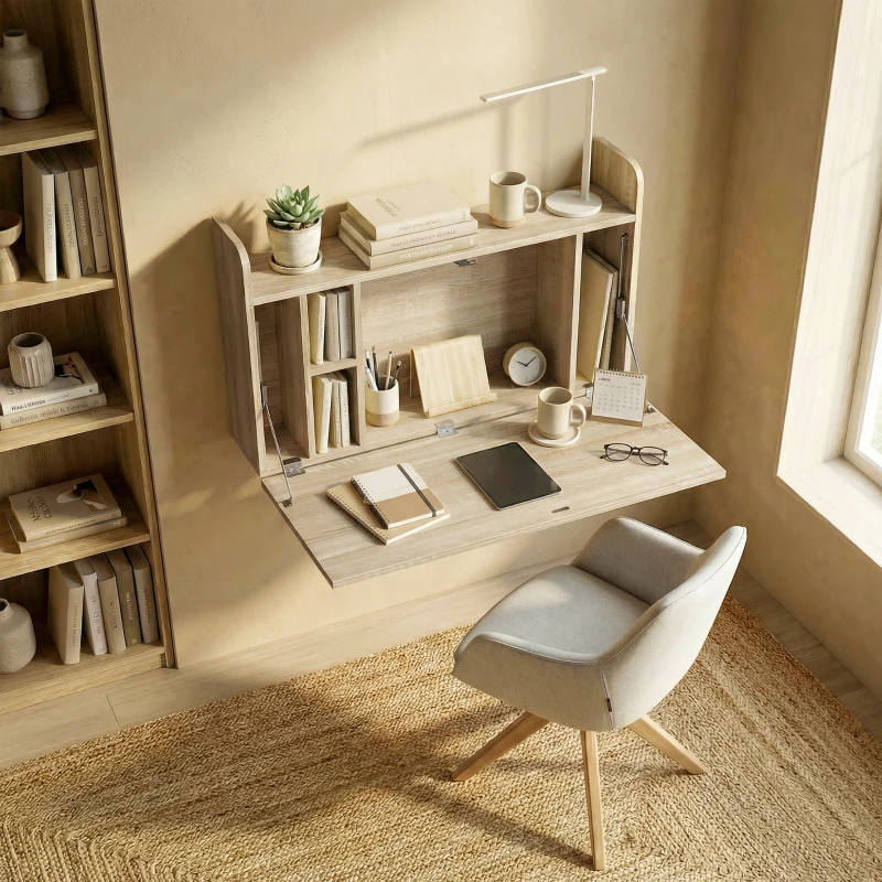 HOMCOM Wall Mounted Desk, Drop Leaf Floating Laptop Desk with Space Saving Storage Compartments for Home Office, Oak