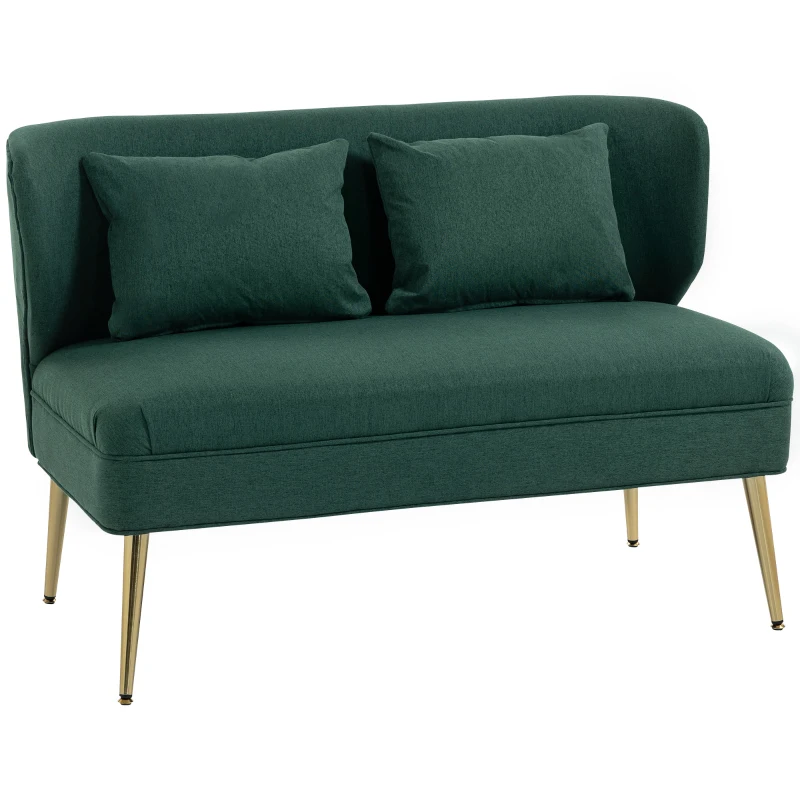 HOMCOM 2 Seater Sofa, Linen-look Fabric Small Sofa with Wing Back, Thick Seat, Metal Legs, Dark Green