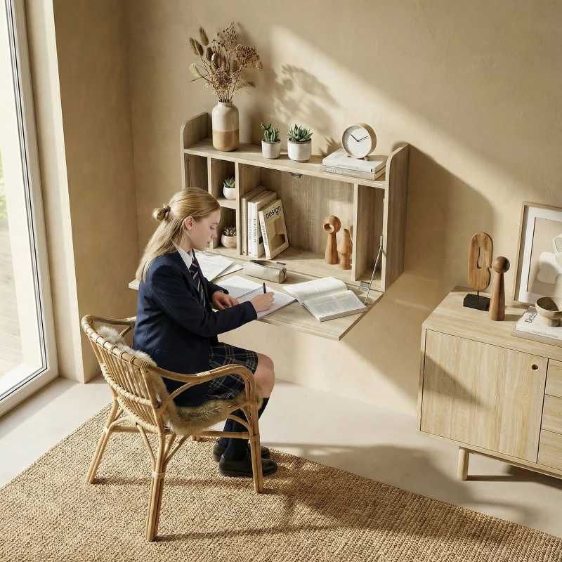 HOMCOM Wall Mounted Desk, Drop Leaf Floating Laptop Desk with Space Saving Storage Compartments for Home Office, Oak