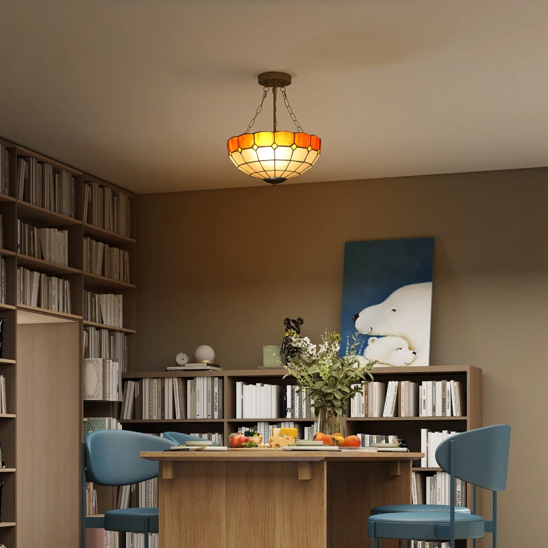 HOMCOM Tiffany Style Ceiling Light, Vintage Chandelier with 3 E27 Sockets, Semi Flush Mount for Living Room, Bulbs Not Included