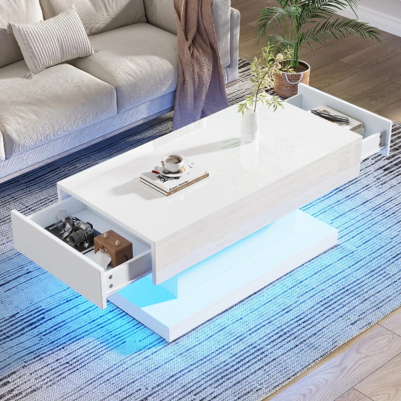 T-shaped Coffee Table with 2 Drawers and App-Controlled LED Strip, High-Gloss Centre Table for Living Room, 100L x 50W x 45H cm, White