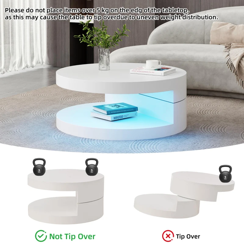 Round Rotating Coffee Table with Remote-Controlled LED Strip, Space-Saving Tabletop with Double-Layer Storage, 70L x 70W x 35.5H cm, White