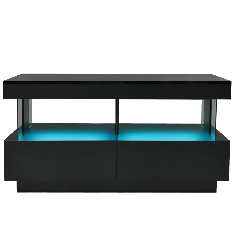 Stylish Coffee Table with 2 Drawers, Open Storage and LED Lights, Durable Center Table for Living Room, 100L x 60W x 49.5H cm, Black