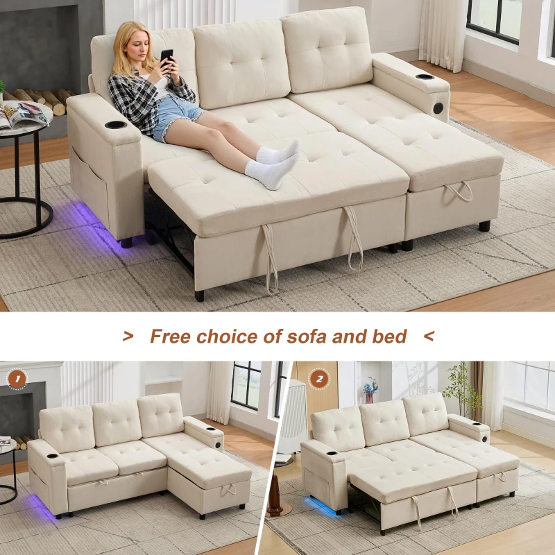 L-Shaped 3-Seater Sofa Bed with Hidden Storage, USB & USB-C Ports, Space-Saving Sofa for Compact Spaces, 208L x 146W x 89.5H cm, Beige