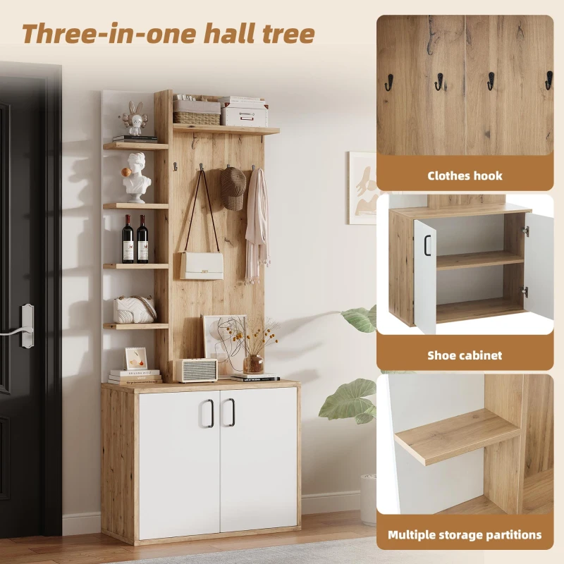 Hall Tree Coat Rack with Shoe Cabinet and 5 Open Shelves, Double‑door Storage for Narrow Entrance, 75L x 33W x 180H cm, White+Oak