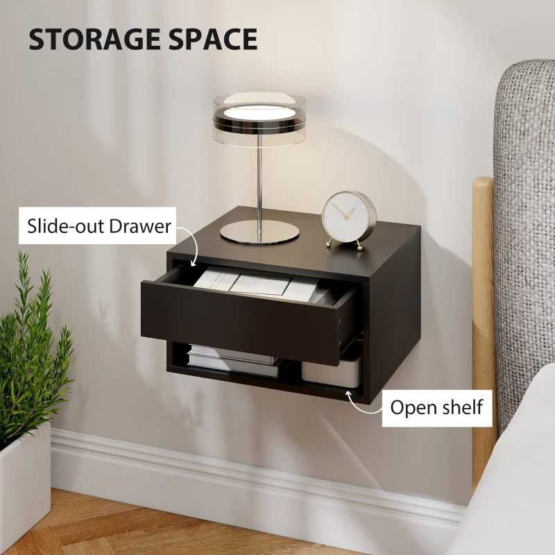 HOMCOM Floating Bedside Tables Set of 2, Wall Mounted Nightstand, Black