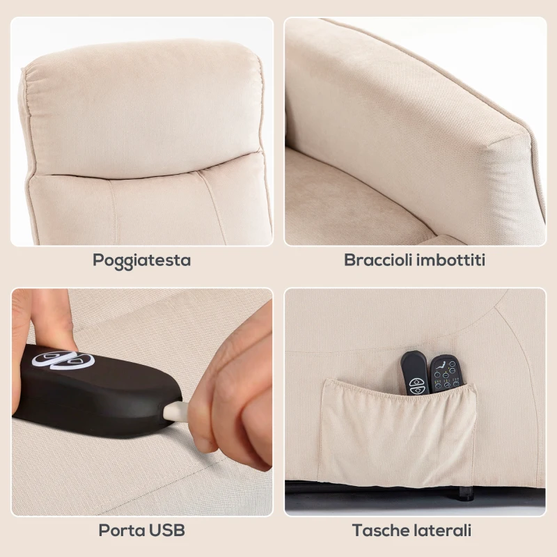 HOMCOM Poltrona Elettrica Alzapersona Poltrona Relax Massaggiante, Beige
