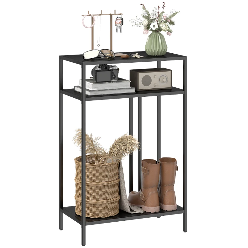 HOMCOM Consola 3 niveles Estanterías Mesa estrecha para entrada Marco de acero para salón y pasillo 55 cm Negro