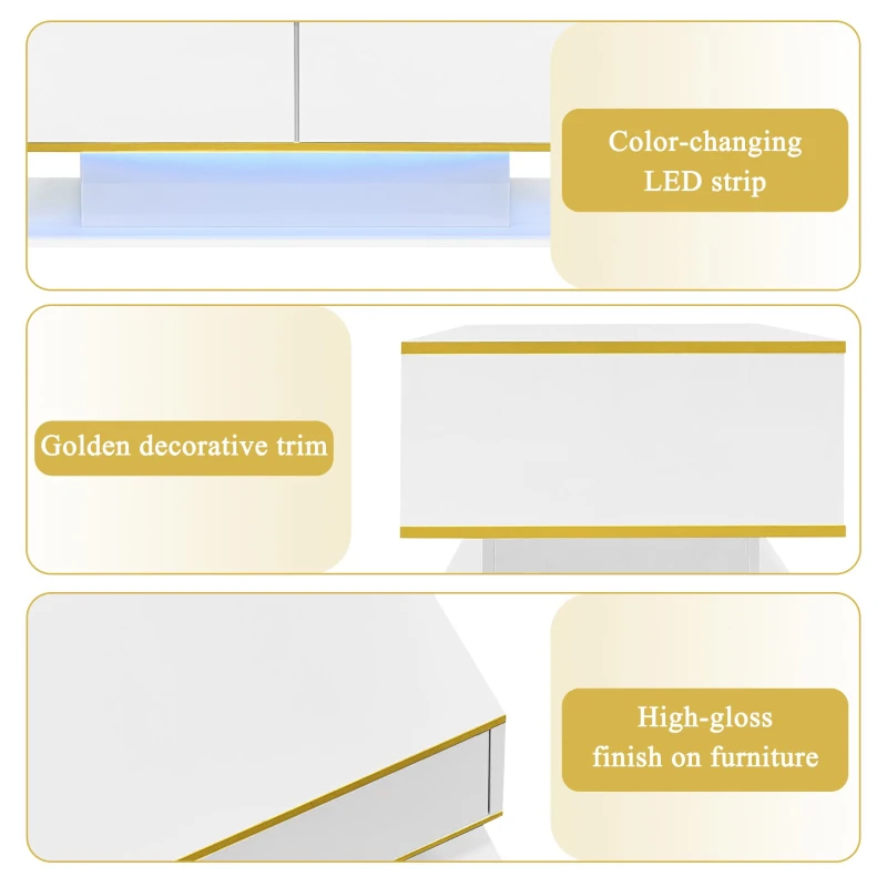 Modern LED Coffee Table with High-Gloss Finish and Gold Accents, Illuminated Unit with Drawers and Storage, 100L x 50W x 40H cm, White