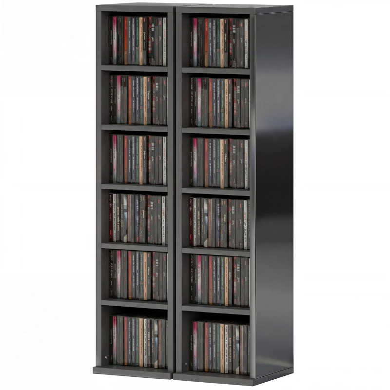 HOMCOM Set of 2 CD Media Display Shelf Unit Tower Rack with Adjustable Shelves, High Gloss Black