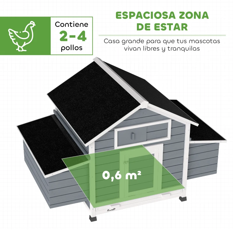 PawHut Gallinero de Madera para Exterior con 2 Nidos Bandeja Extraíble Perchas Techo Impermeable 150x100x96,5 cm Gris