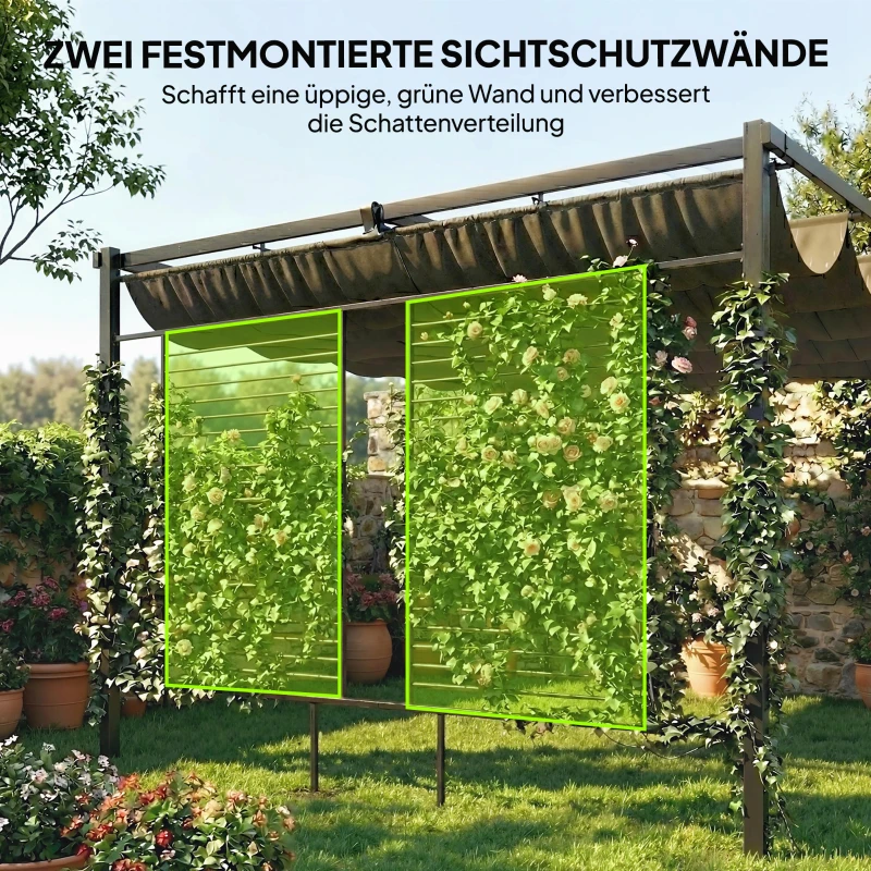 Outsunny Pergola 3,87 x 2,97 m Terrassenüberdachung mit Schiebedach, 2 Sichtschutz, UV 50+ Dunkelgrau