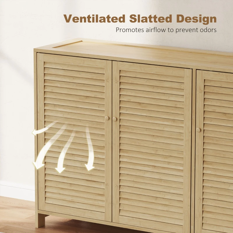 HOMCOM Bamboo Shoe Cabinet with Louvered Doors, 18 Pairs Shoe Storage Cabinet with Adjustable Shelves for Hallway, Natural