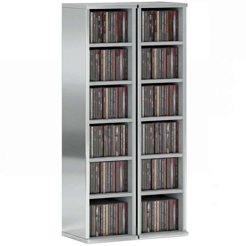 HOMCOM Set of 2 CD Media Display Shelf Unit Tower Rack with Adjustable Shelves, High Gloss Grey