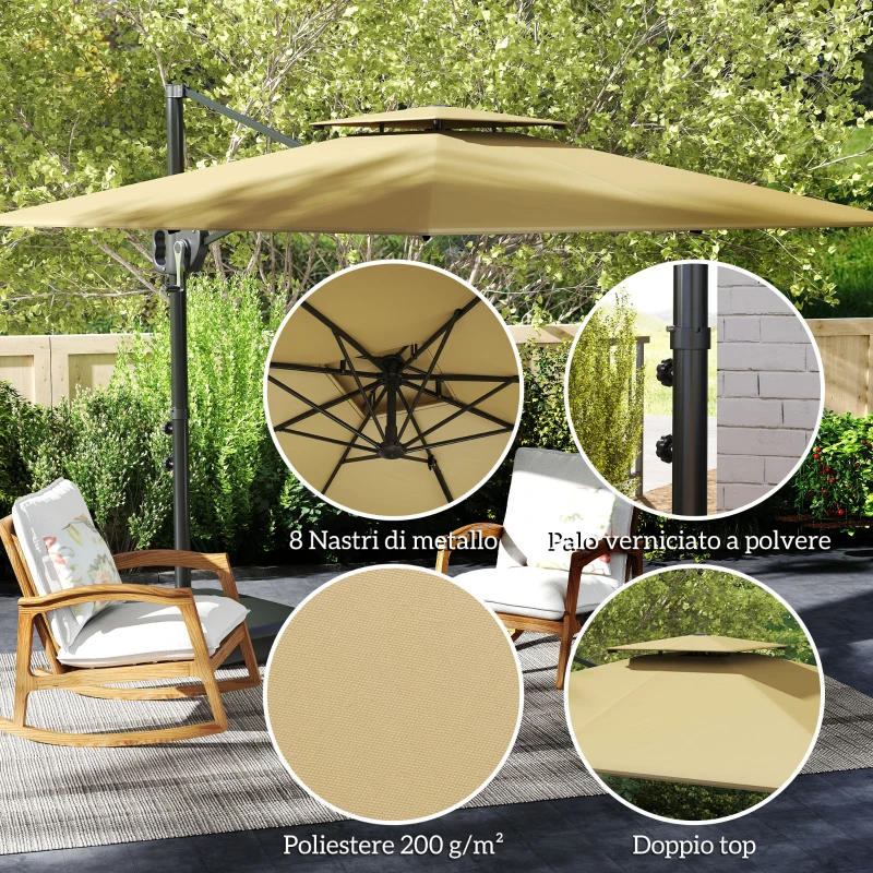 Outsunny Ombrellone a Braccio 2.5x2.5 m con Base Riempibile, Manovella e Testa Inclinabile, Cachi