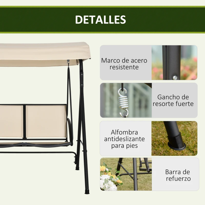Outsunny Columpio de Jardín Exterior de 2 Plazas Techo Ajustable y Marco de Acero Asientos de Textilene 140x118x162 cm Beige