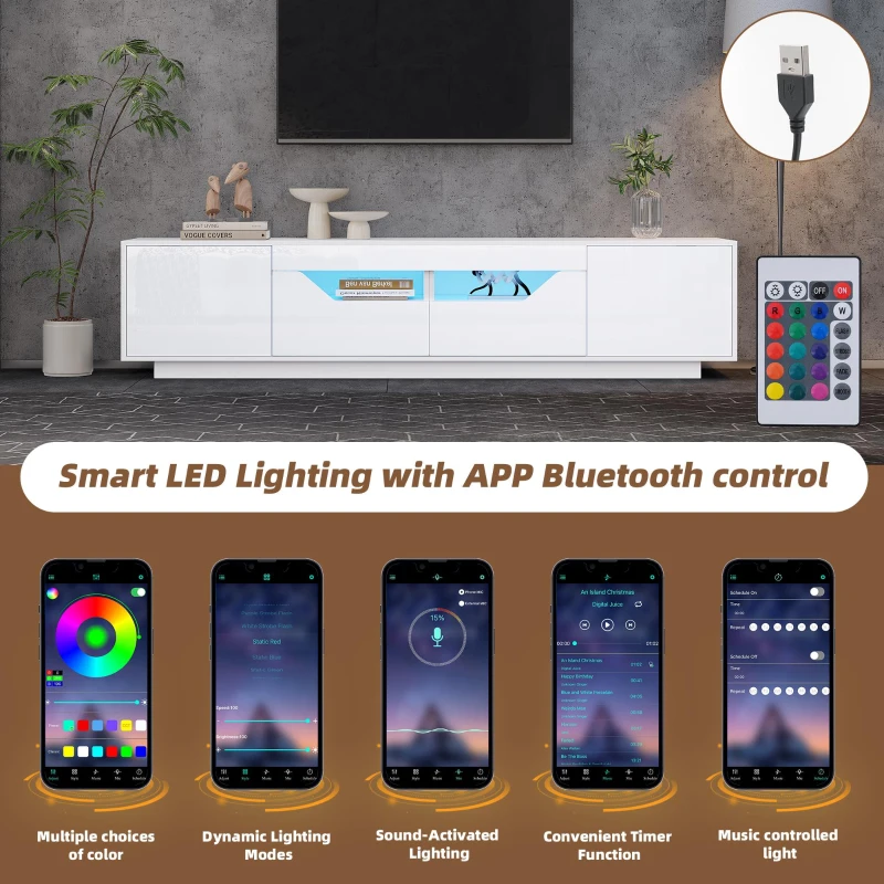 High-Gloss TV Entertainment Centre with App-Controlled LED Lighting, Modern TV Stand with Multi-Zone Storage, 180L x 40W x 45H cm, White