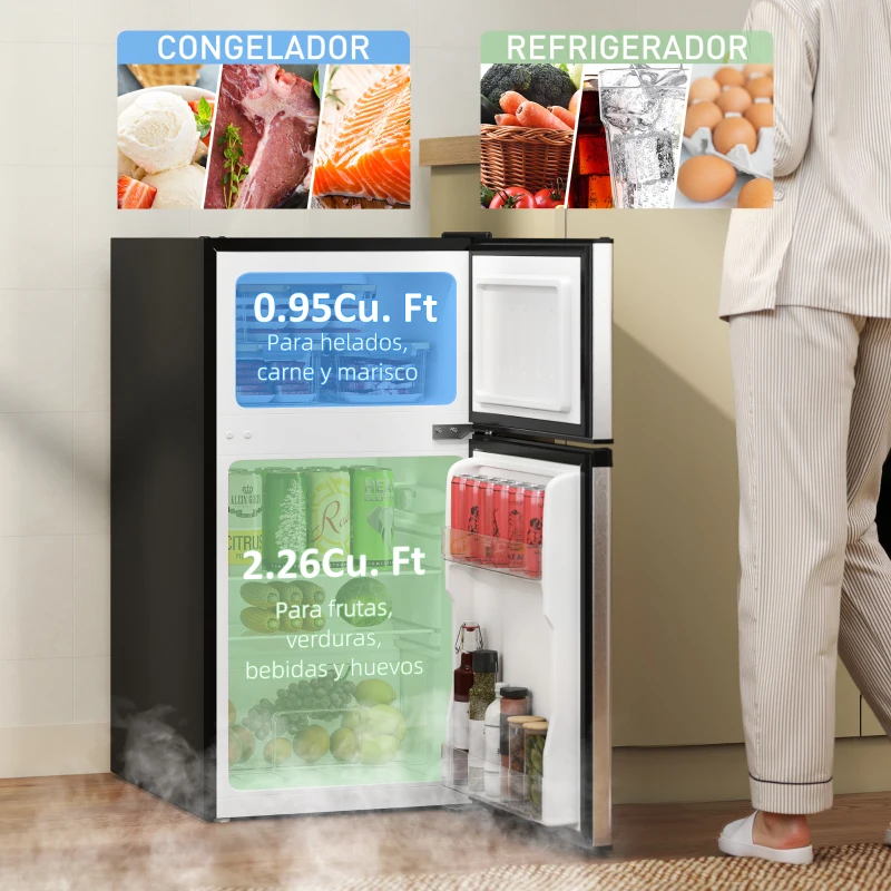 HOMCOM 88L Under Counter Fridge Freezer, Small Refrigerator with 5-Setting, 3 Star Freezer Rating, Black and Silver Tone