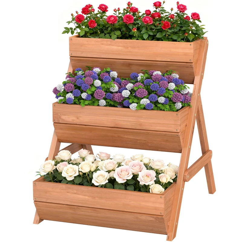 Outsunny Jardinera de Madera de 3 Niveles Jardinera Elevada Exterior con Orificios de Drenaje 65x75x76 cm Marrón