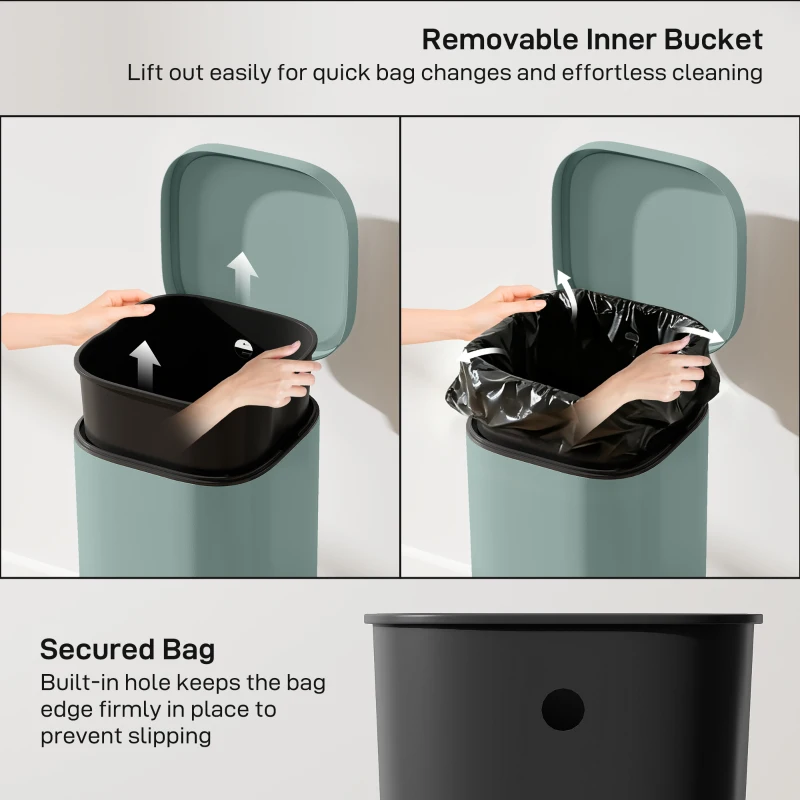 HOMCOM 30L Kitchen Bin, Compact Pedal Bin with Soft-Close and Stay-Open Lid, Removable Bucket for Kitchen, Home, Office, Green