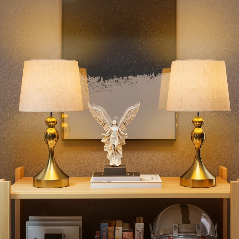 HOMCOM Bedside Lamps Set of 2, Modern Table Lamps with 3 Colour Temperatures, USB A+C Charging Ports and Linen Shade for Living Room Bedroom Office, Gold Tone