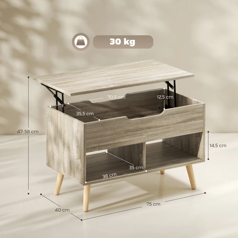 HOMCOM Mesa de centro elevable, mesa de salón con compartimento oculto y estantes abiertos, 75 x 40 x 58 cm, madera natural