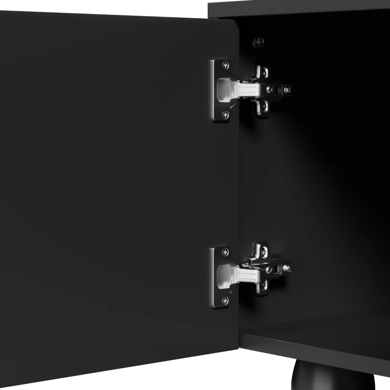 Minimalist TV Cabinet with Solid Wood Legs and Curved Doors, Spacious Storage Unit with Drawers and Shelves, 180L x 40W x 42H cm, Black