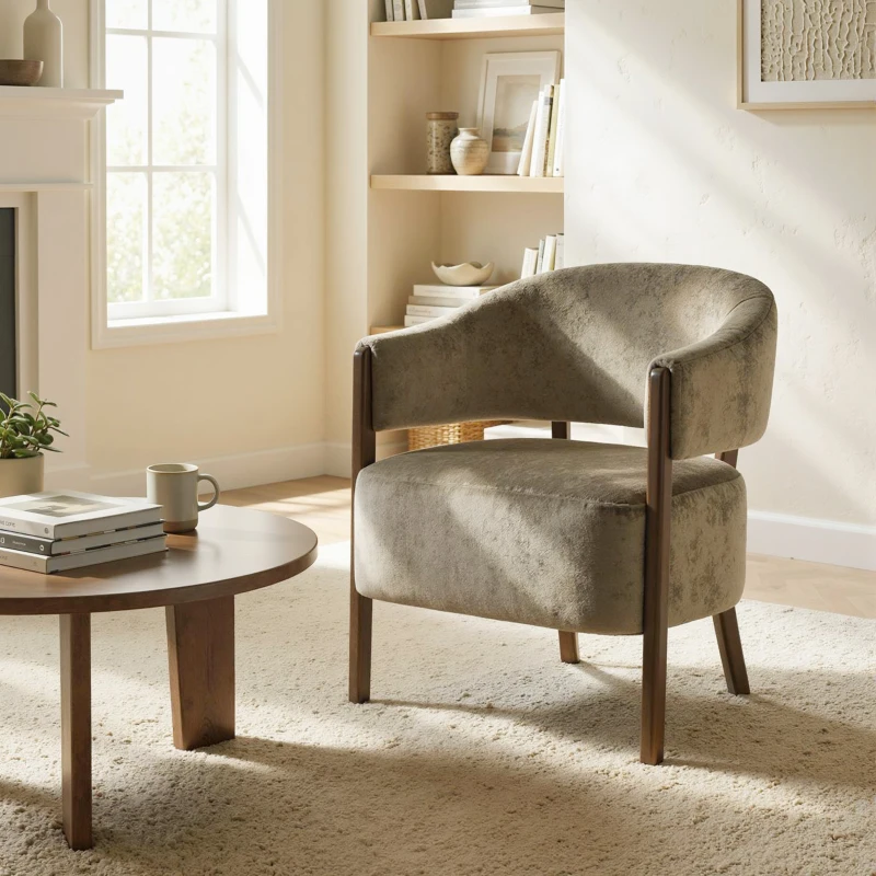 HOMCOM Accent Chair, Upholstered Tub Chair with Solid Wood Frame and Legs, Light Brown