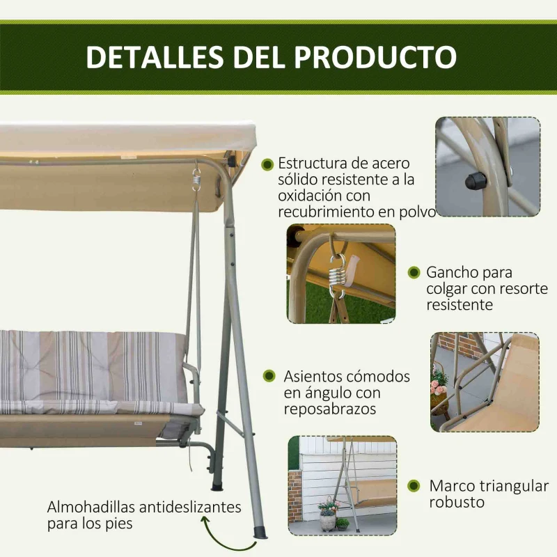 Outsunny Balancín de Jardín Exterior Columpio de 3 Plazas con Toldo Ajustable y Marco de Acero 172x110x156 cm Marrón Claro